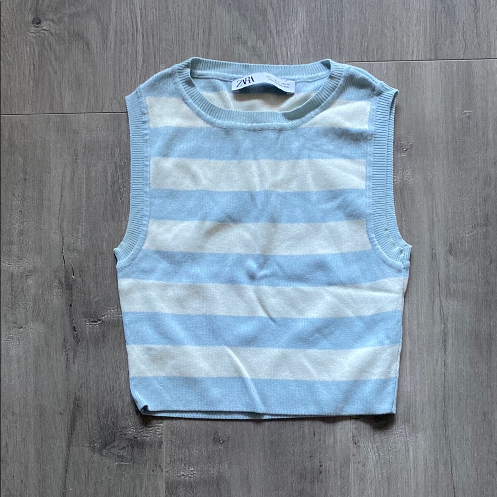 Zara Blue and White Cropped Fitted Tank Top